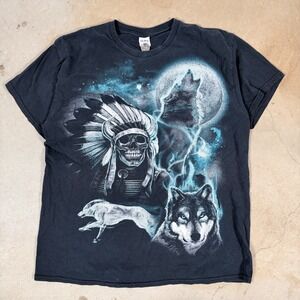 Gildan Men Wolf Skull Native American Chief T Shirt Size Large